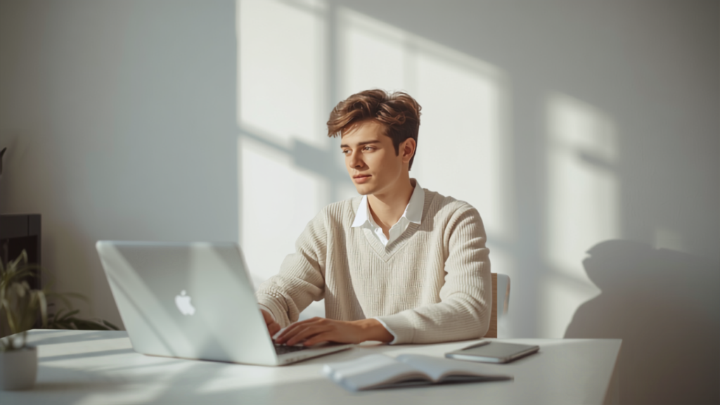 "person working comfortably at a modern desk with a laptop"