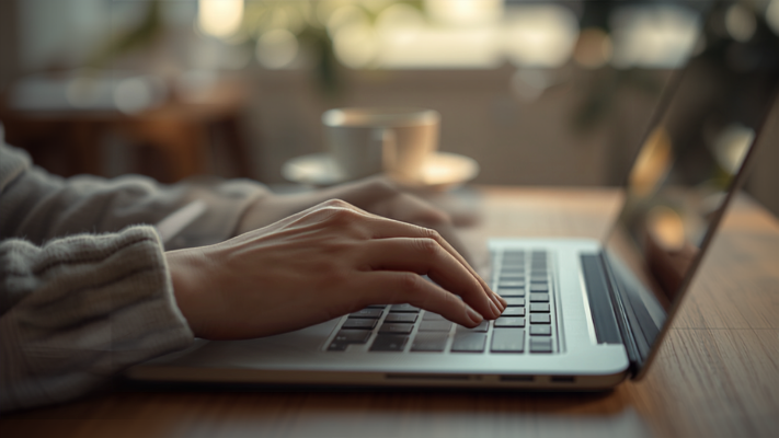 person typing calmly on a laptop at home