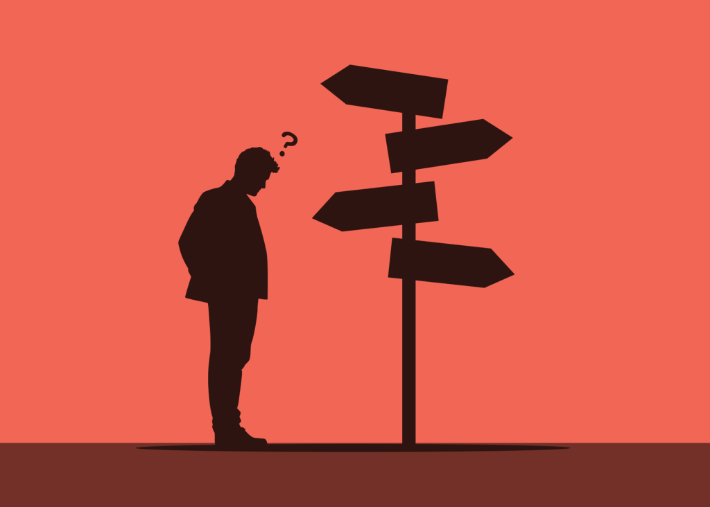 Silhouette of a person facing a multi-directional signpost with a question mark overhead, representing the choice between different AI tools