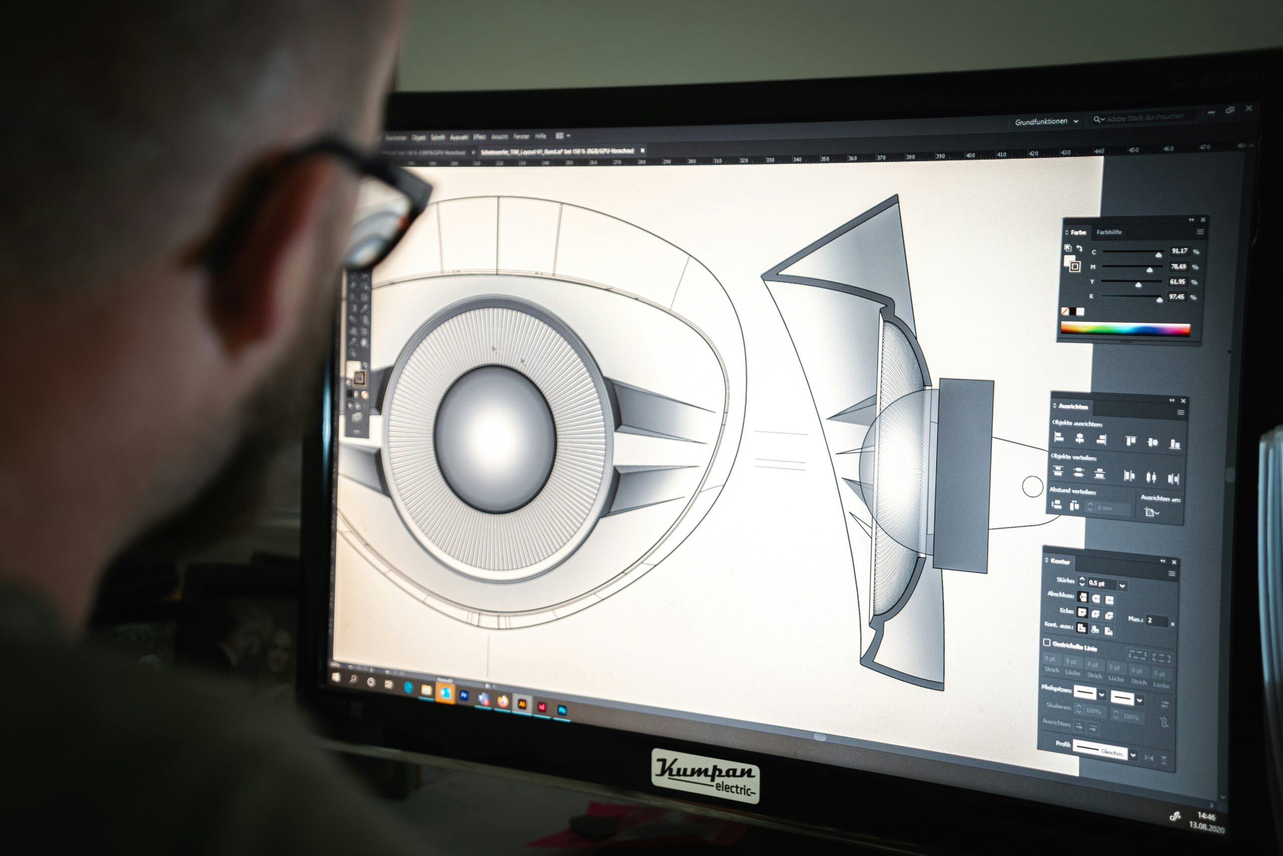 Person designing a 3D speaker and lighting setup on a computer monitor