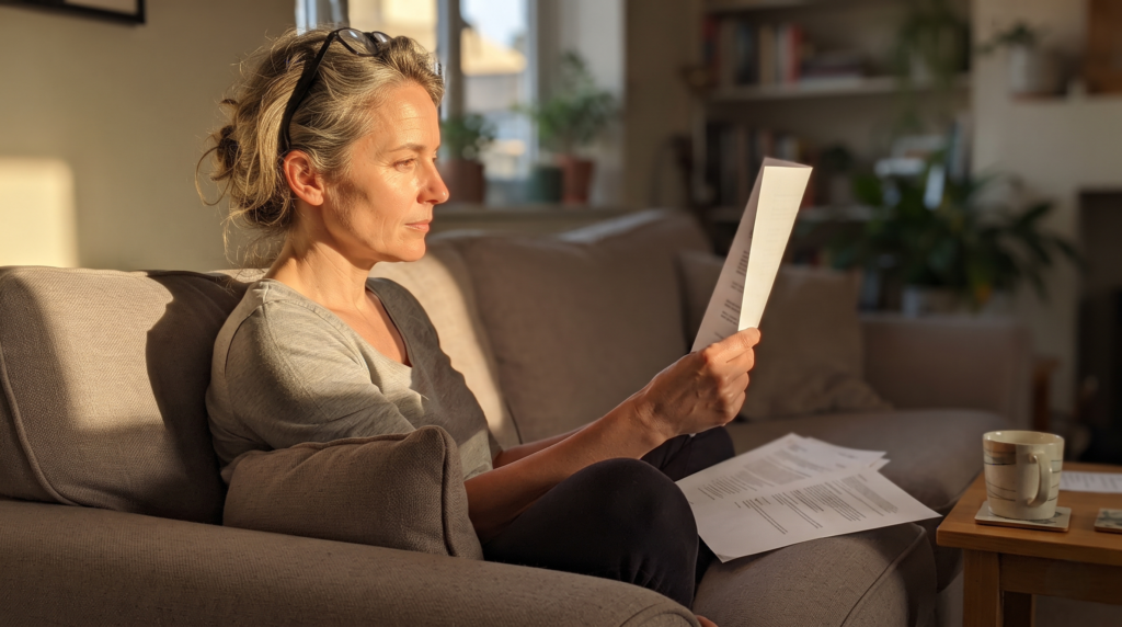 Reviewing beneficiary designation paperwork at home