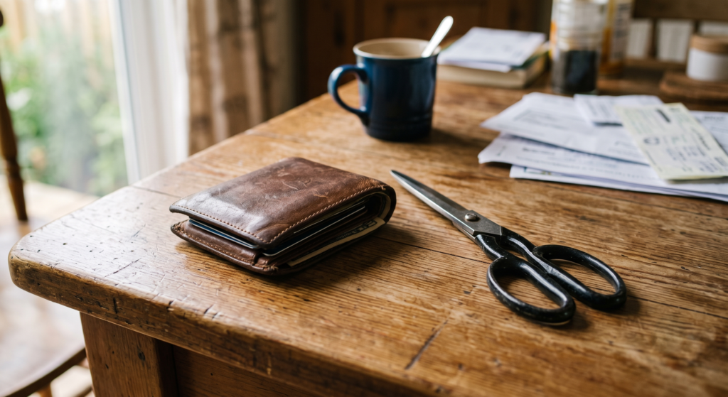 wallet and a pair of scissors on a table