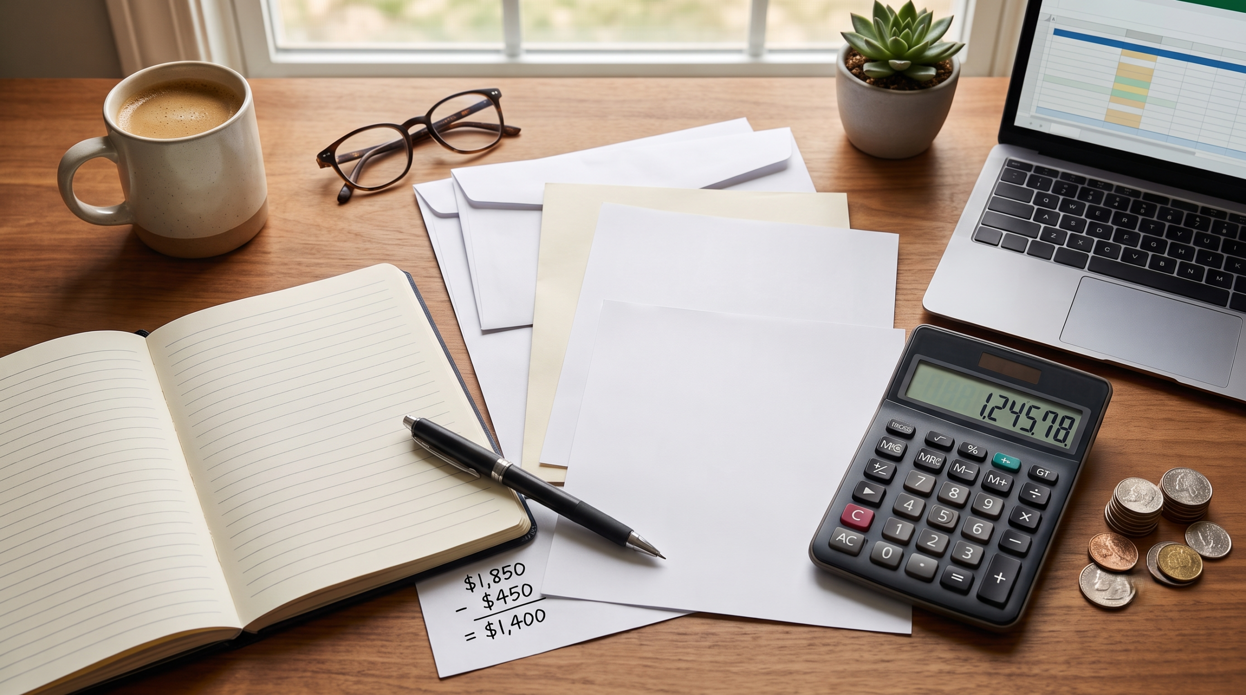 calculator and blank papers on a desk