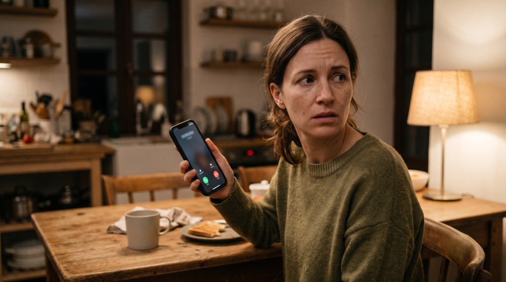 Woman checking her phone after receiving an unexpected call