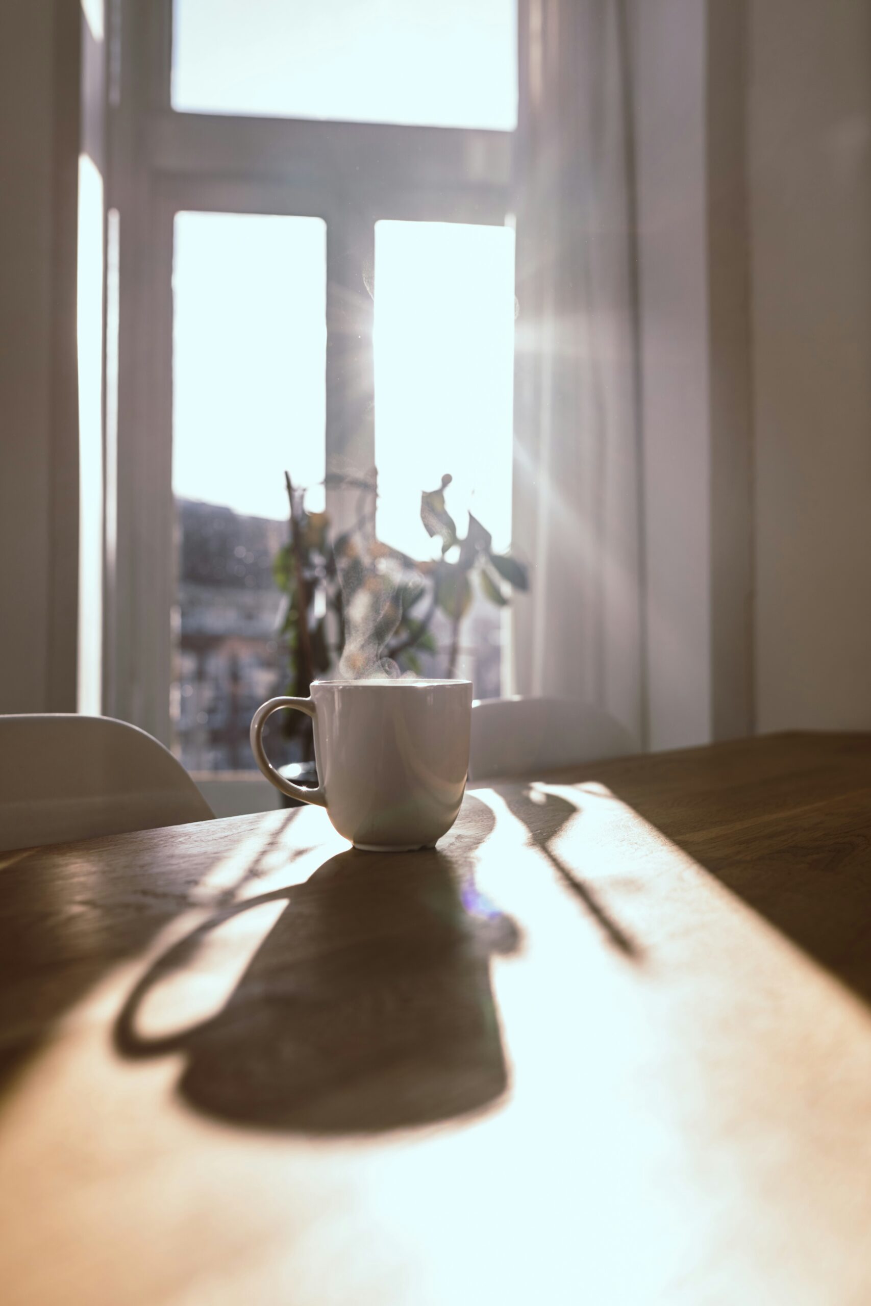 Coffee cup and notebook on a table in the morning