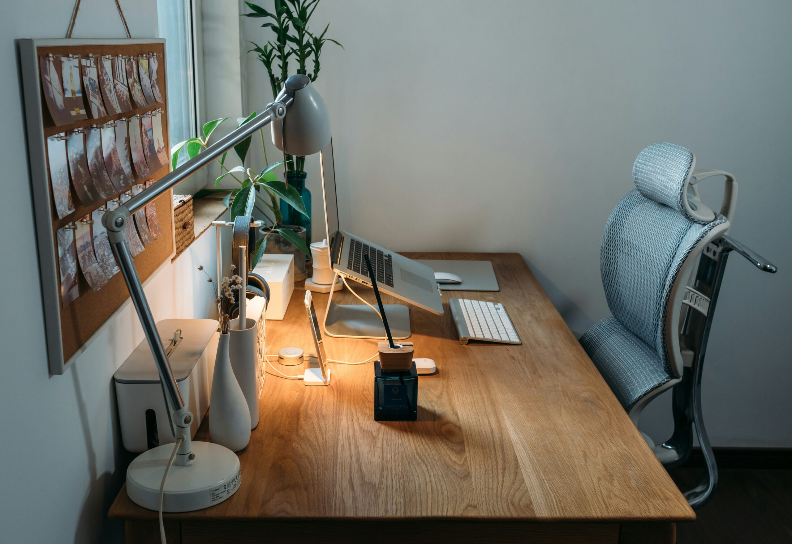 Ergonomic desk setup with chair and keyboard